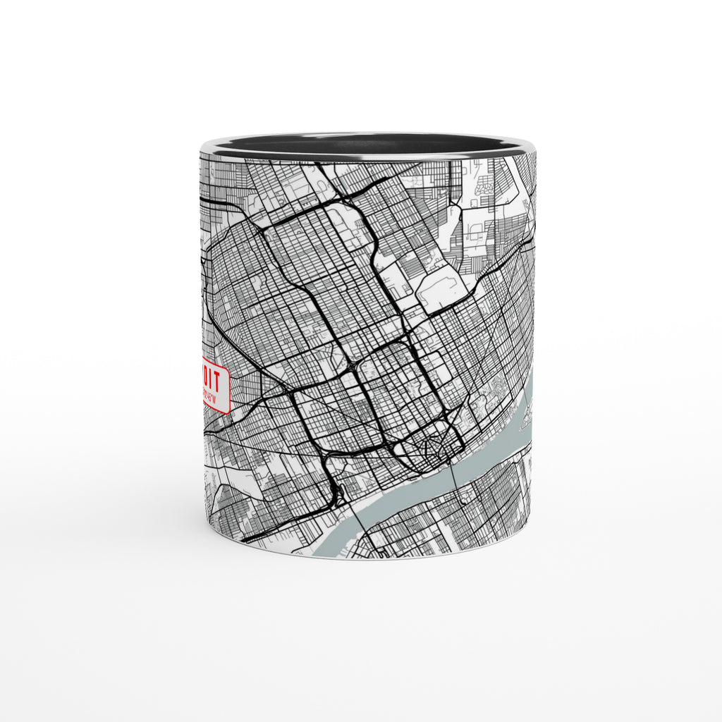 Detroit White 11oz / 0,3 l Ceramic Mug with Color Inside - Modern Black and White Minimalist Map