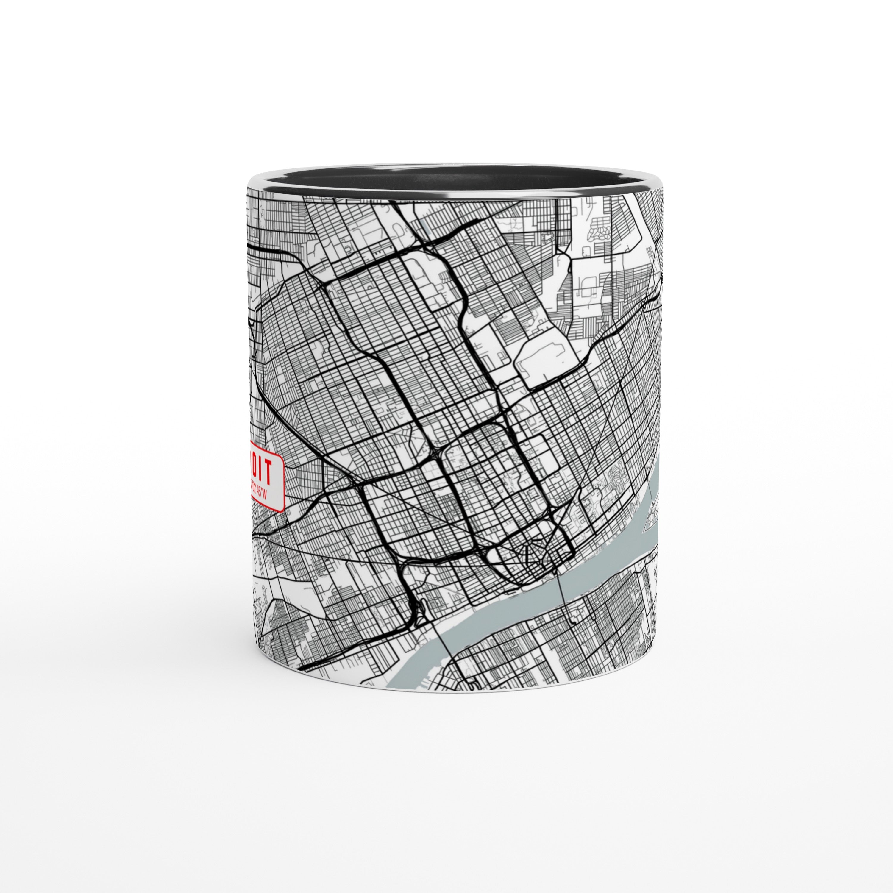 Detroit White 11oz / 0,3 l Ceramic Mug with Color Inside - Modern Black and White Minimalist Map