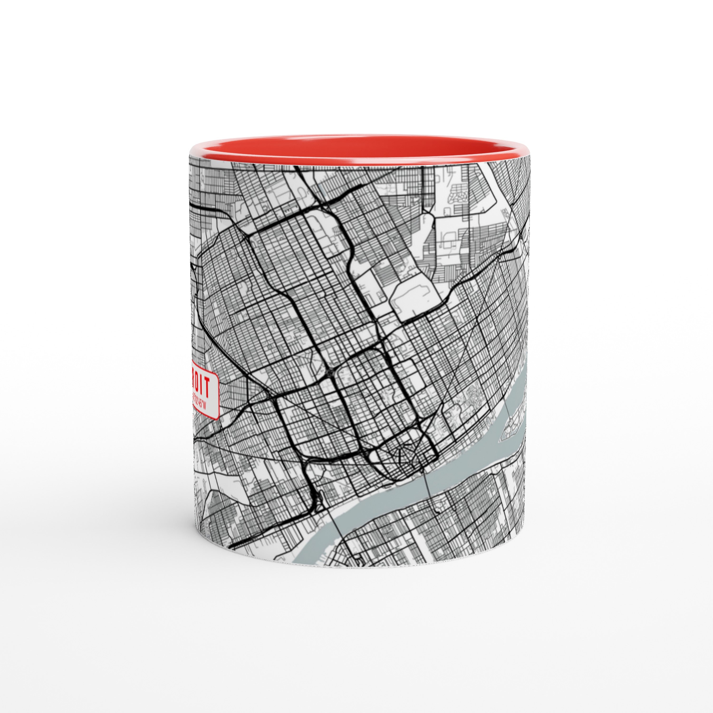 Detroit White 11oz / 0,3 l Ceramic Mug with Color Inside - Modern Black and White Minimalist Map