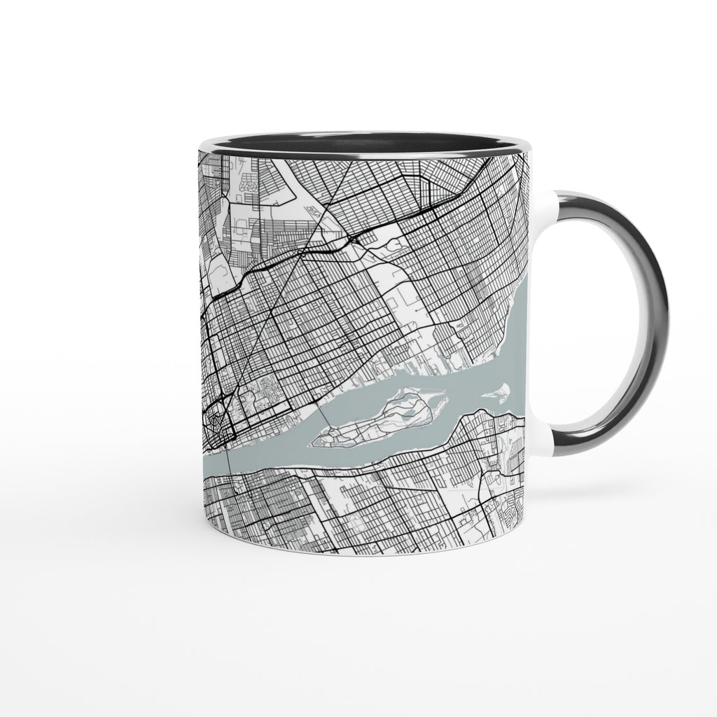 Detroit White 11oz / 0,3 l Ceramic Mug with Color Inside - Modern Black and White Minimalist Map