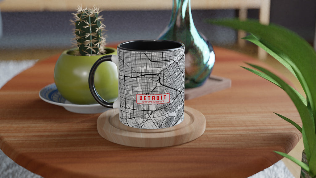 Detroit White 11oz / 0,3 l Ceramic Mug with Color Inside - Modern Black and White Minimalist Map