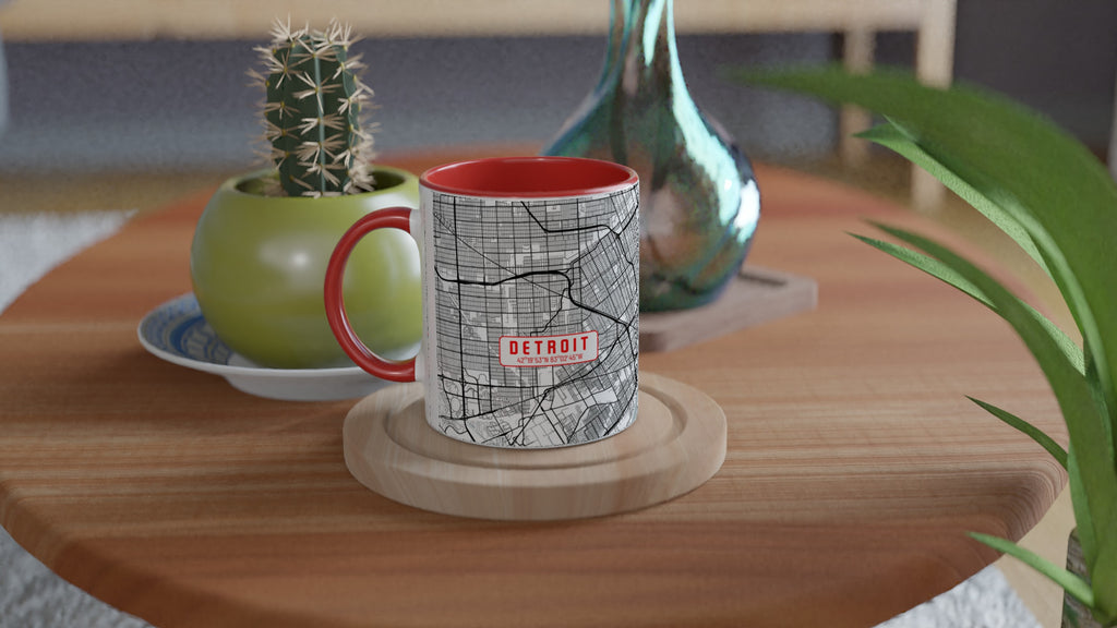 Detroit White 11oz / 0,3 l Ceramic Mug with Color Inside - Modern Black and White Minimalist Map