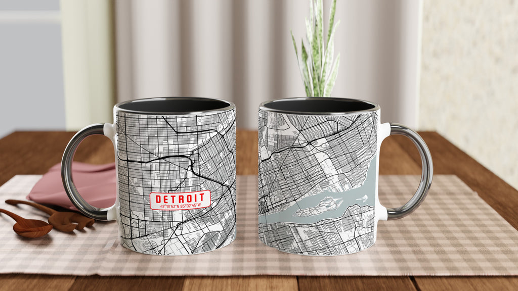 Detroit White 11oz / 0,3 l Ceramic Mug with Color Inside - Modern Black and White Minimalist Map