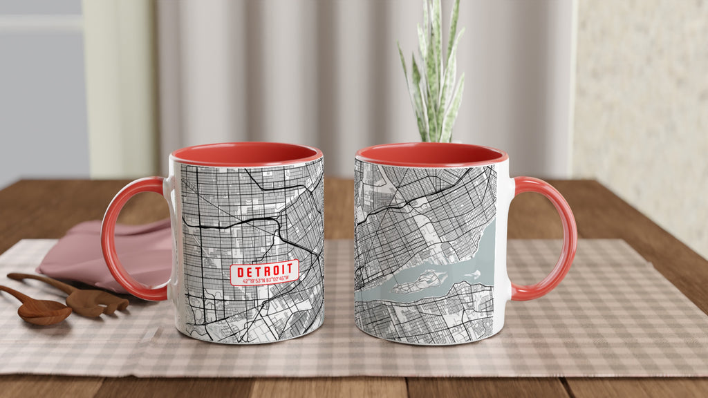 Detroit White 11oz / 0,3 l Ceramic Mug with Color Inside - Modern Black and White Minimalist Map