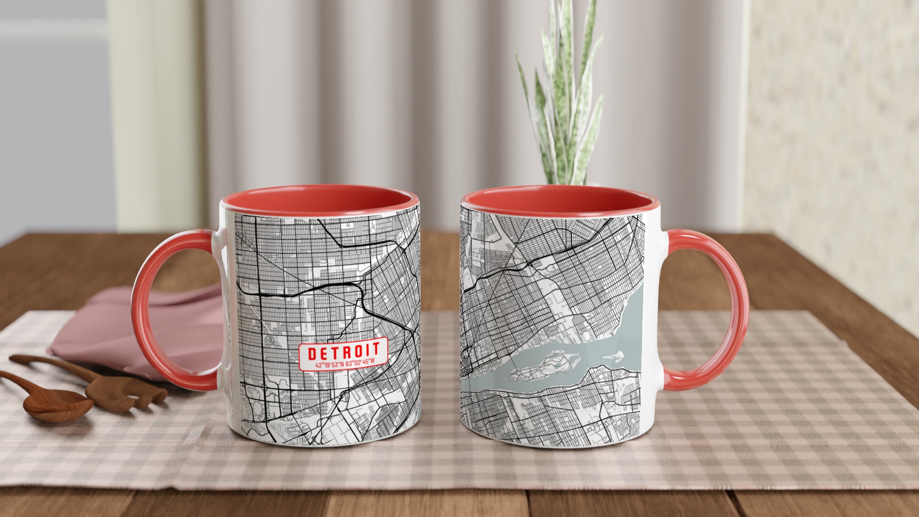 Detroit White 11oz / 0,3 l Ceramic Mug with Color Inside - Modern Black and White Minimalist Map