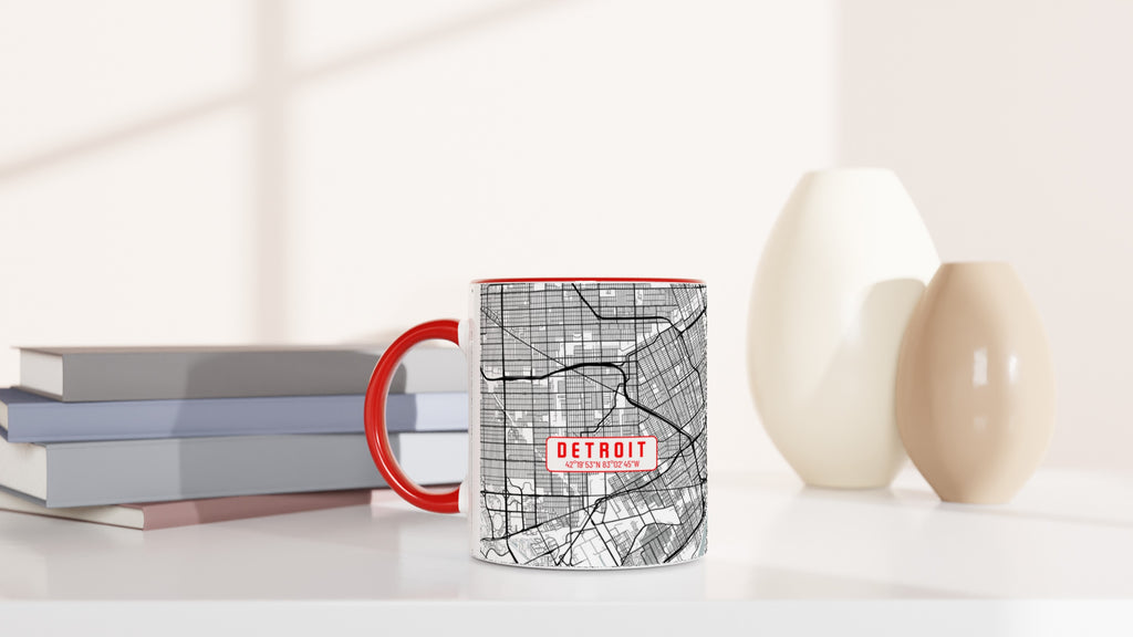 Detroit White 11oz / 0,3 l Ceramic Mug with Color Inside - Modern Black and White Minimalist Map